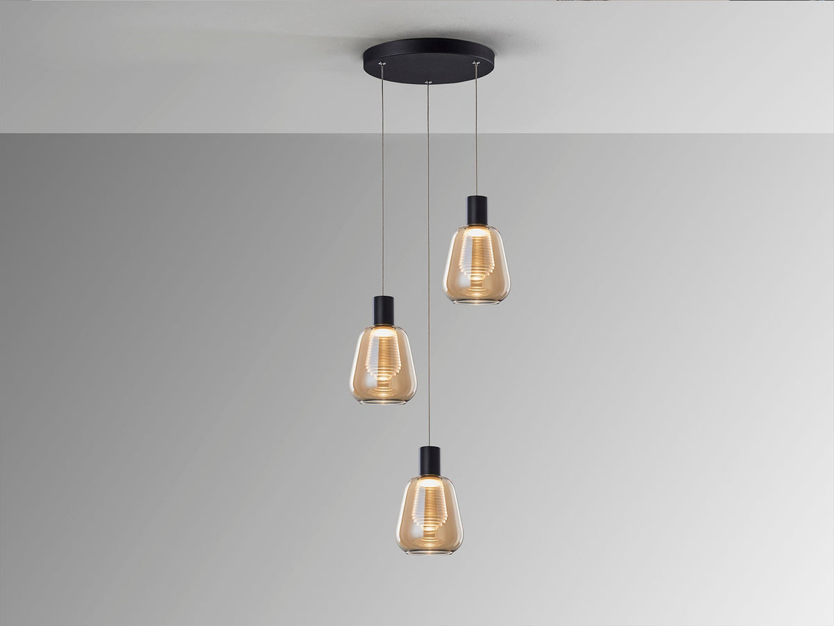Висяща LED лампа Carisa 3L с 3 кехлибарени абажура – изглед 2