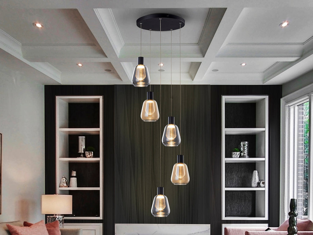Висяща LED лампа Carisa 5L с 5 кехлибарени абажура