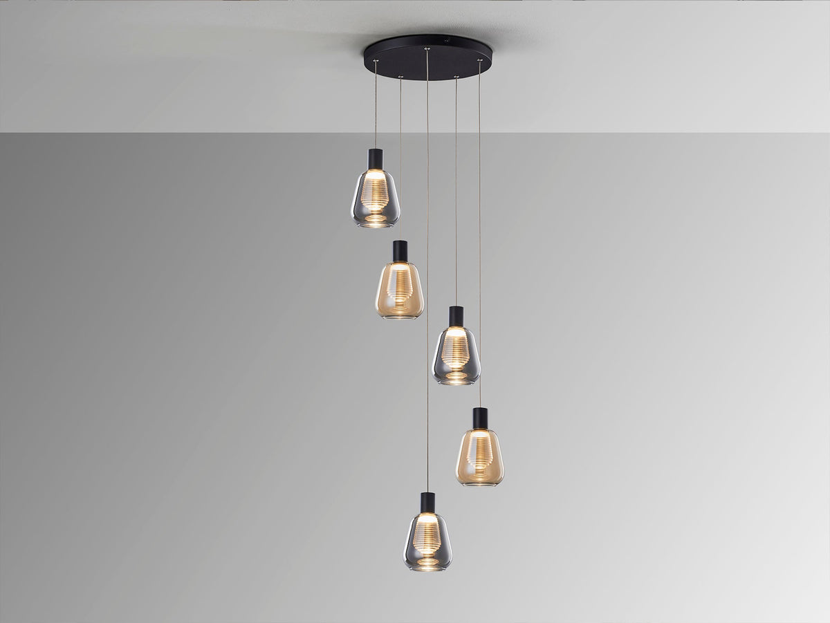 Висяща LED лампа Carisa 5L с 5 кехлибарени абажура – изглед 2