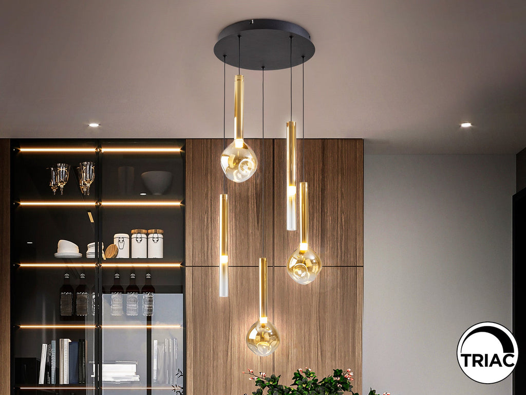 Висяща LED лампа Essenza 5L с 5 кехлибарени абажура