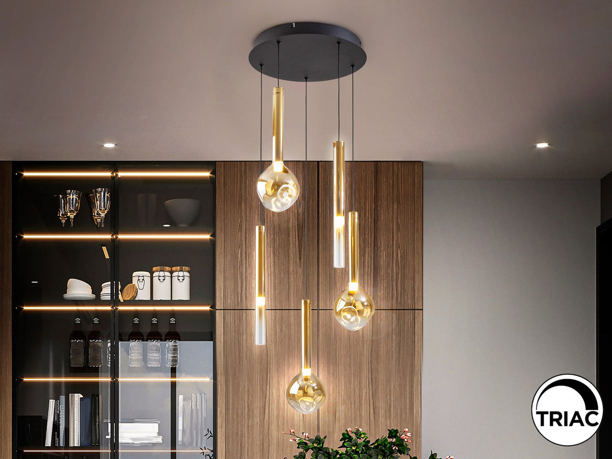 Висяща LED лампа Essenza 5L с 5 кехлибарени абажура