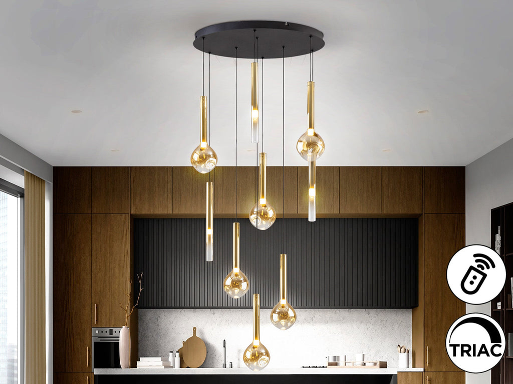 Висяща LED лампа Essenza 9L с 9 кехлибарени абажура