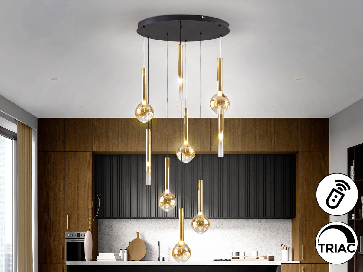 Висяща LED лампа Essenza 9L с 9 кехлибарени абажура
