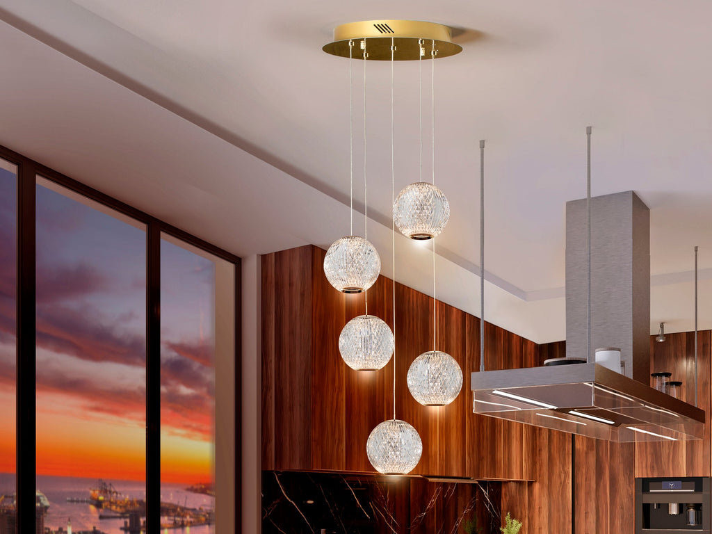 Кръгла висяща LED лампа Austral 5L в злато с 5 акрилни сфери