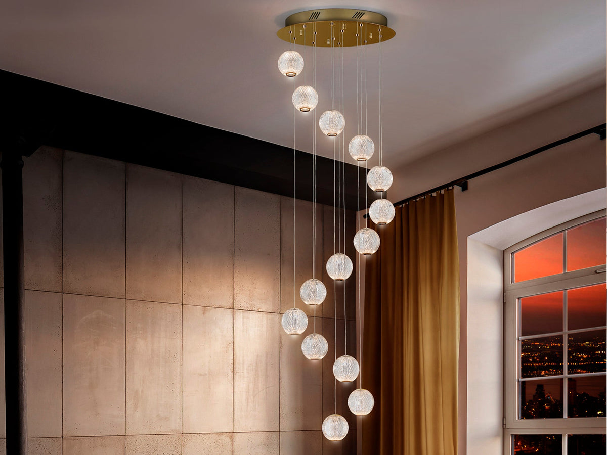 Кръгла висяща LED лампа Austral 14L в злато с акрилни сфери
