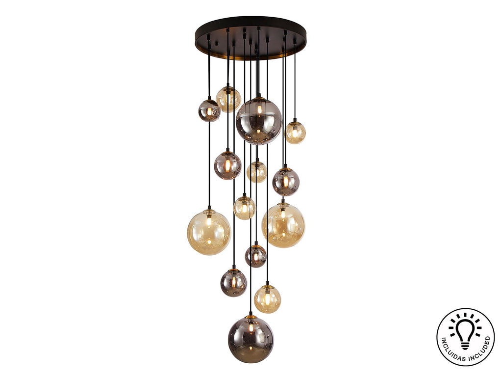 Висяща лампа Dark 14L с 14 стъклени сфери в черно и месинг – изглед 4
