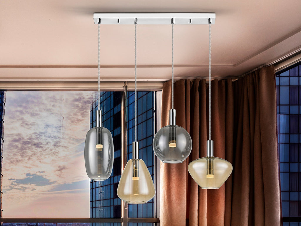 Висяща LED лампа Nara 4L с кехлибарени и опушени абажури