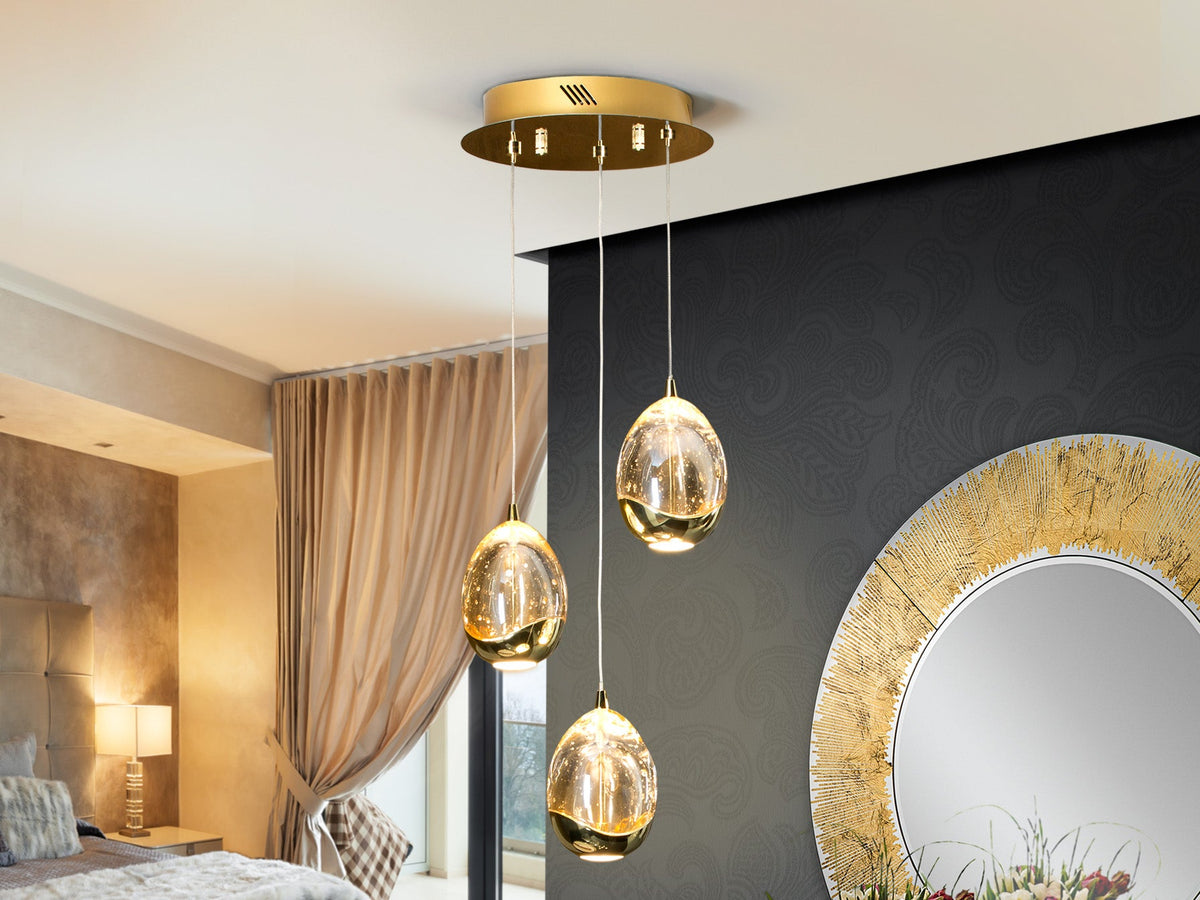 Висяща LED лампа Rocio 3L в златисто с 3 стъклени капки